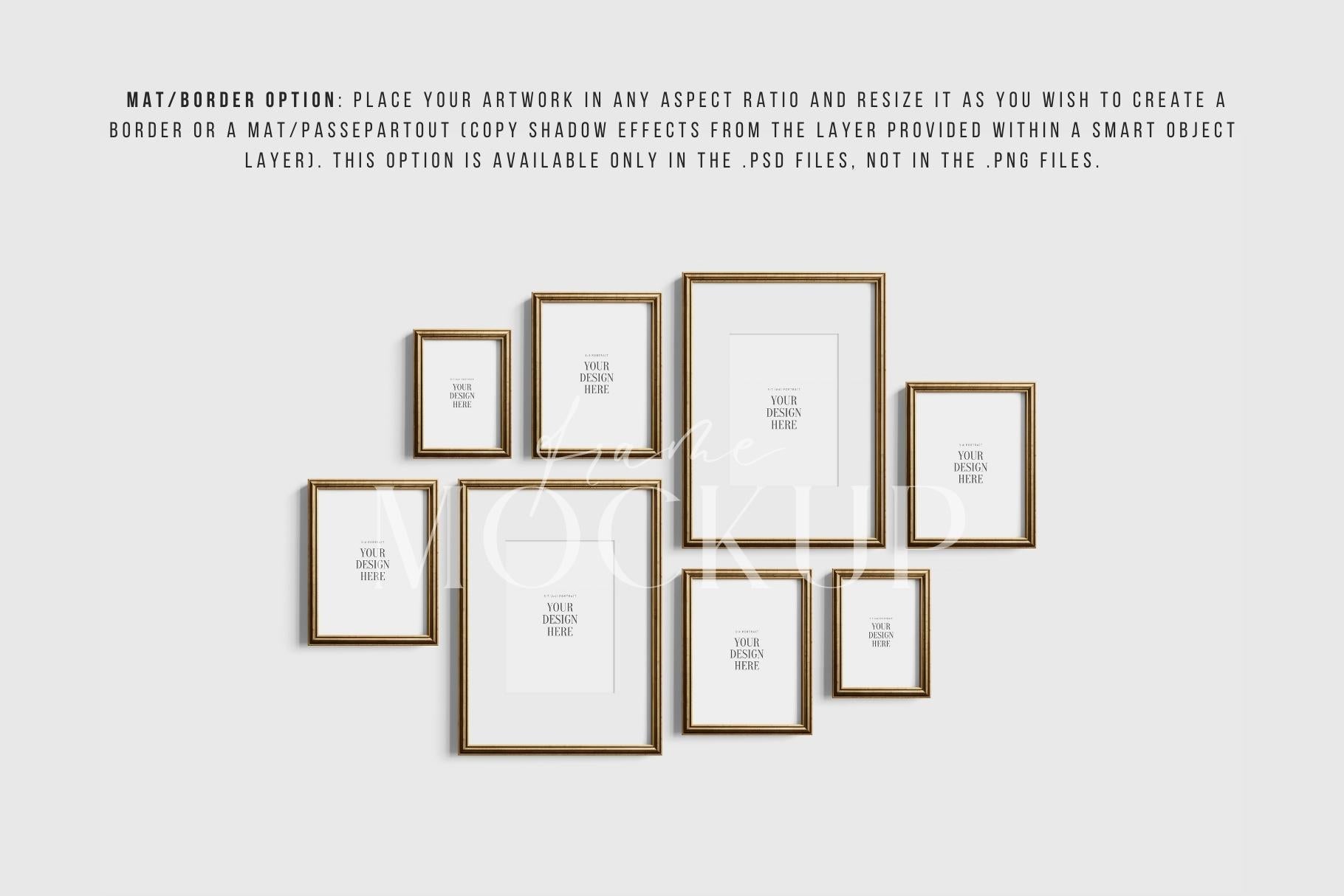 Gallery Wall Mockup | Metallic Frame Mockup Set of 8 Vertical Frames 5:7, 3:4 | Vintage Gold Frame Mockup Set | PSD Template + Transparent PNG Files