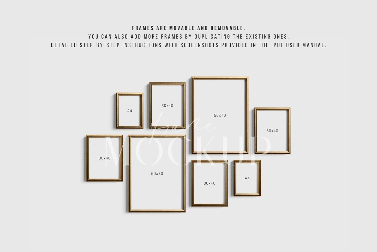 Gallery Wall Mockup | Metallic Frame Mockup Set of 8 Vertical Frames 5:7, 3:4 | Vintage Gold Frame Mockup Set | PSD Template + Transparent PNG Files