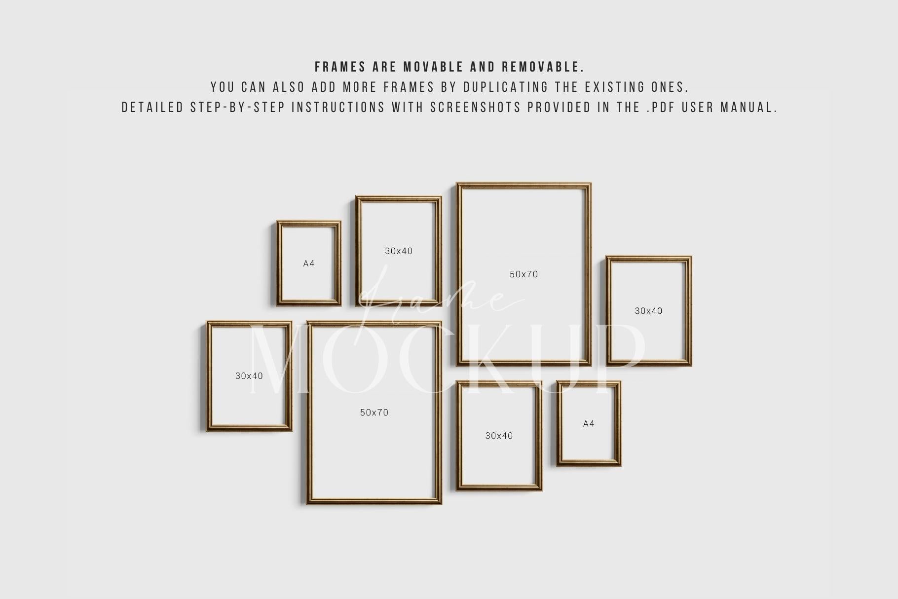 Gallery Wall Mockup | Metallic Frame Mockup Set of 8 Vertical Frames 5:7, 3:4 | Vintage Gold Frame Mockup Set | PSD Template + Transparent PNG Files