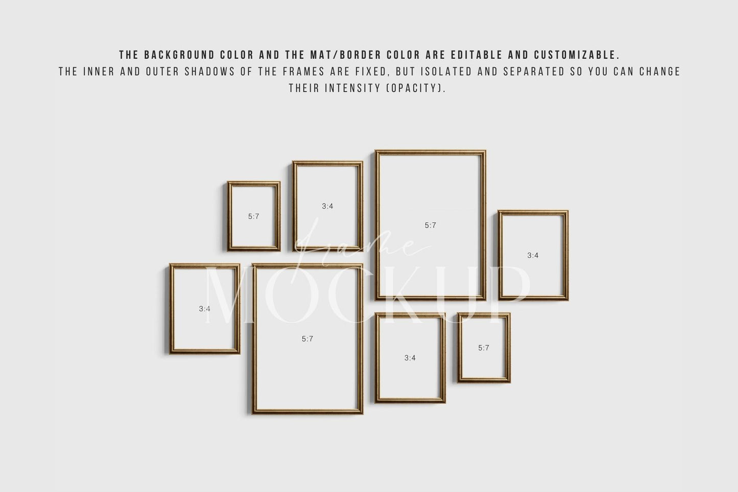 Gallery Wall Mockup | Metallic Frame Mockup Set of 8 Vertical Frames 5:7, 3:4 | Vintage Gold Frame Mockup Set | PSD Template + Transparent PNG Files