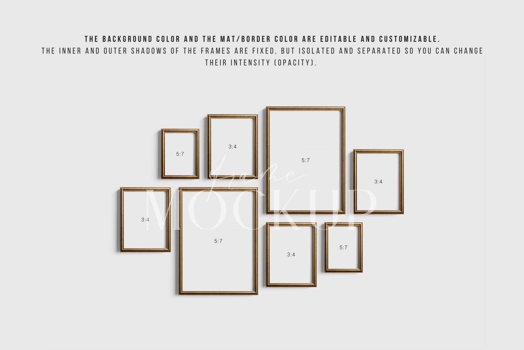 Gallery Wall Mockup | Metallic Frame Mockup Set of 8 Vertical Frames 5:7, 3:4 | Vintage Gold Frame Mockup Set | PSD Template + Transparent PNG Files