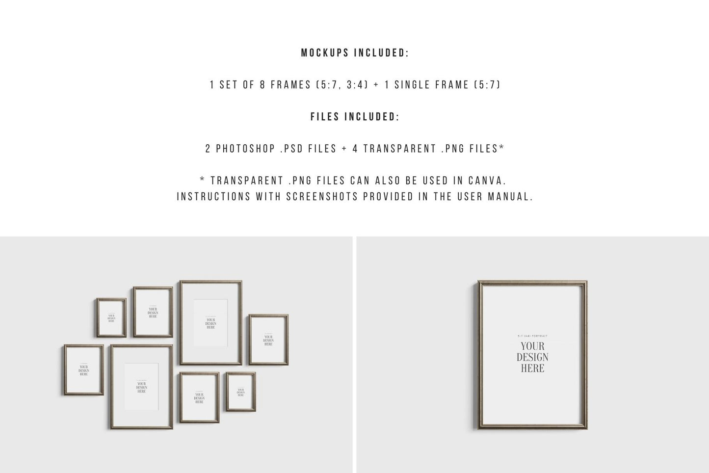 Gallery Wall Mockup | Metallic Frame Mockup Set of 8 Vertical Frames 5:7, 3:4 | Vintage Silver Frame Mockup Set | PSD Template + Transparent PNG Files