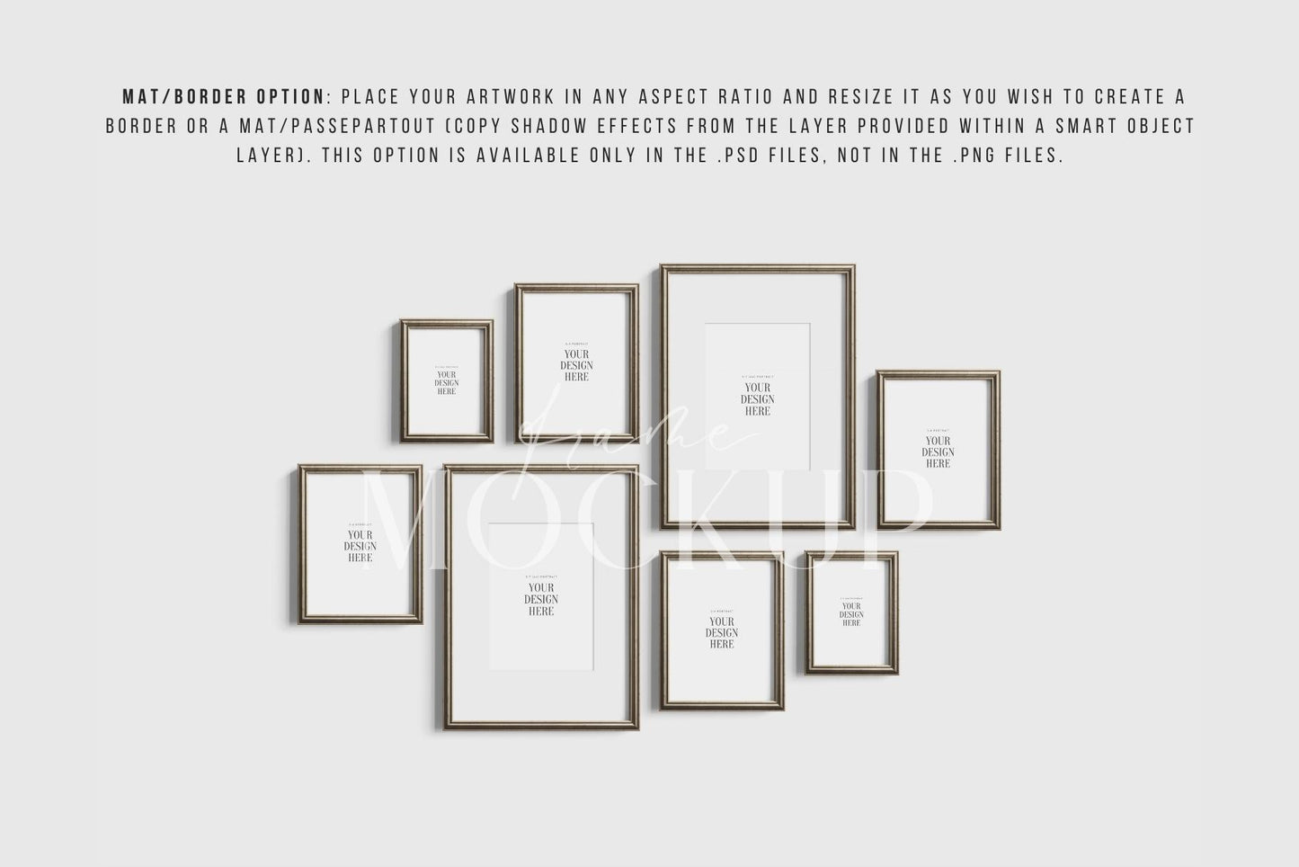 Gallery Wall Mockup | Metallic Frame Mockup Set of 8 Vertical Frames 5:7, 3:4 | Vintage Silver Frame Mockup Set | PSD Template + Transparent PNG Files