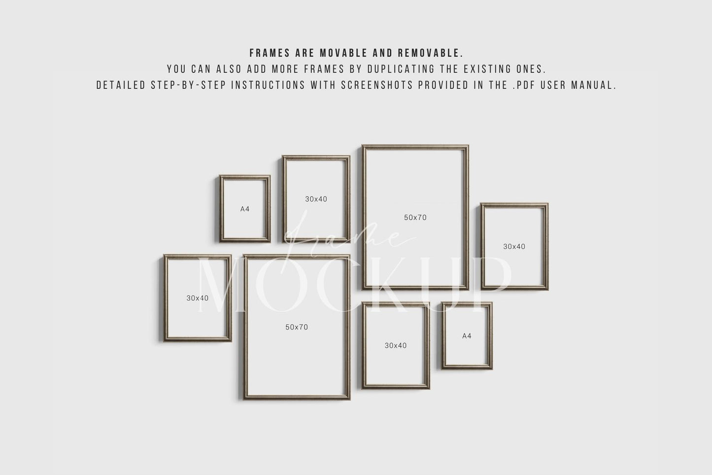 Gallery Wall Mockup | Metallic Frame Mockup Set of 8 Vertical Frames 5:7, 3:4 | Vintage Silver Frame Mockup Set | PSD Template + Transparent PNG Files