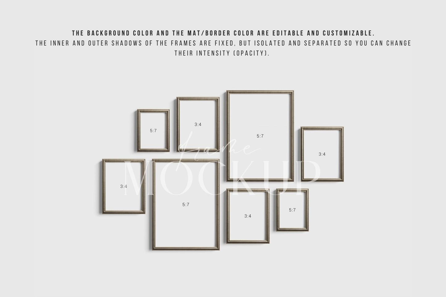 Gallery Wall Mockup | Metallic Frame Mockup Set of 8 Vertical Frames 5:7, 3:4 | Vintage Silver Frame Mockup Set | PSD Template + Transparent PNG Files