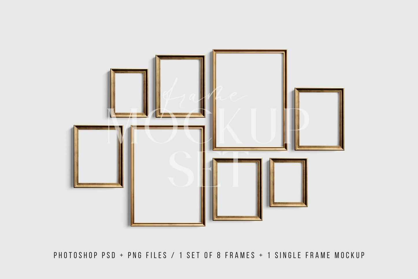Gallery Wall Mockup | Metallic Frame Mockup Set of 8 Vertical Frames 5:7, 3:4 | Vintage Gold Frame Mockup Set | PSD Template + Transparent PNG Files