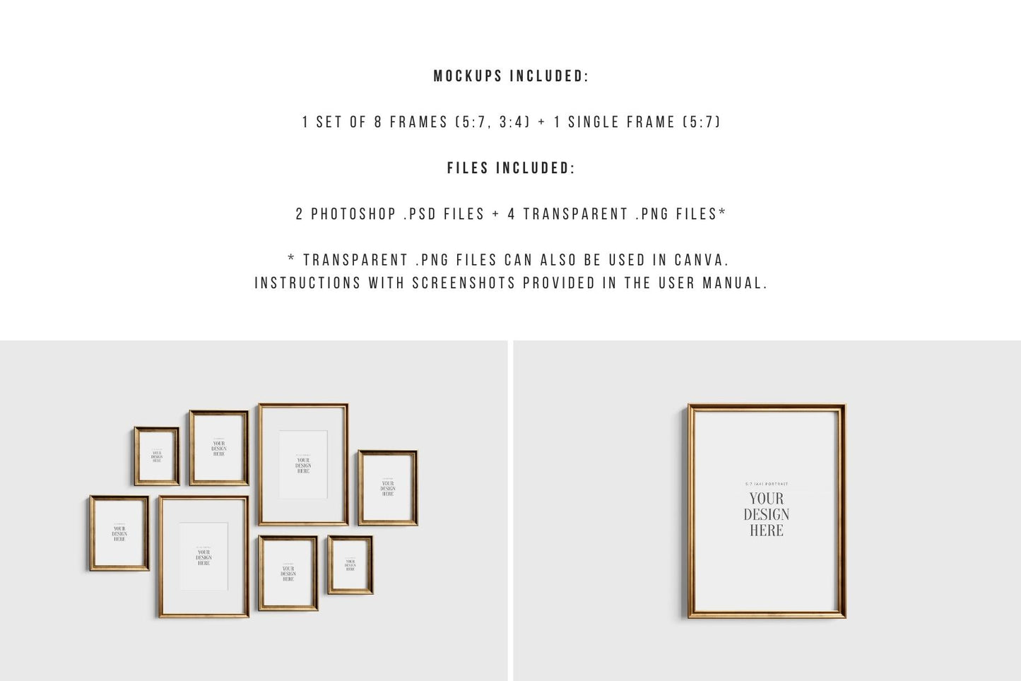 Gallery Wall Mockup | Metallic Frame Mockup Set of 8 Vertical Frames 5:7, 3:4 | Vintage Gold Frame Mockup Set | PSD Template + Transparent PNG Files