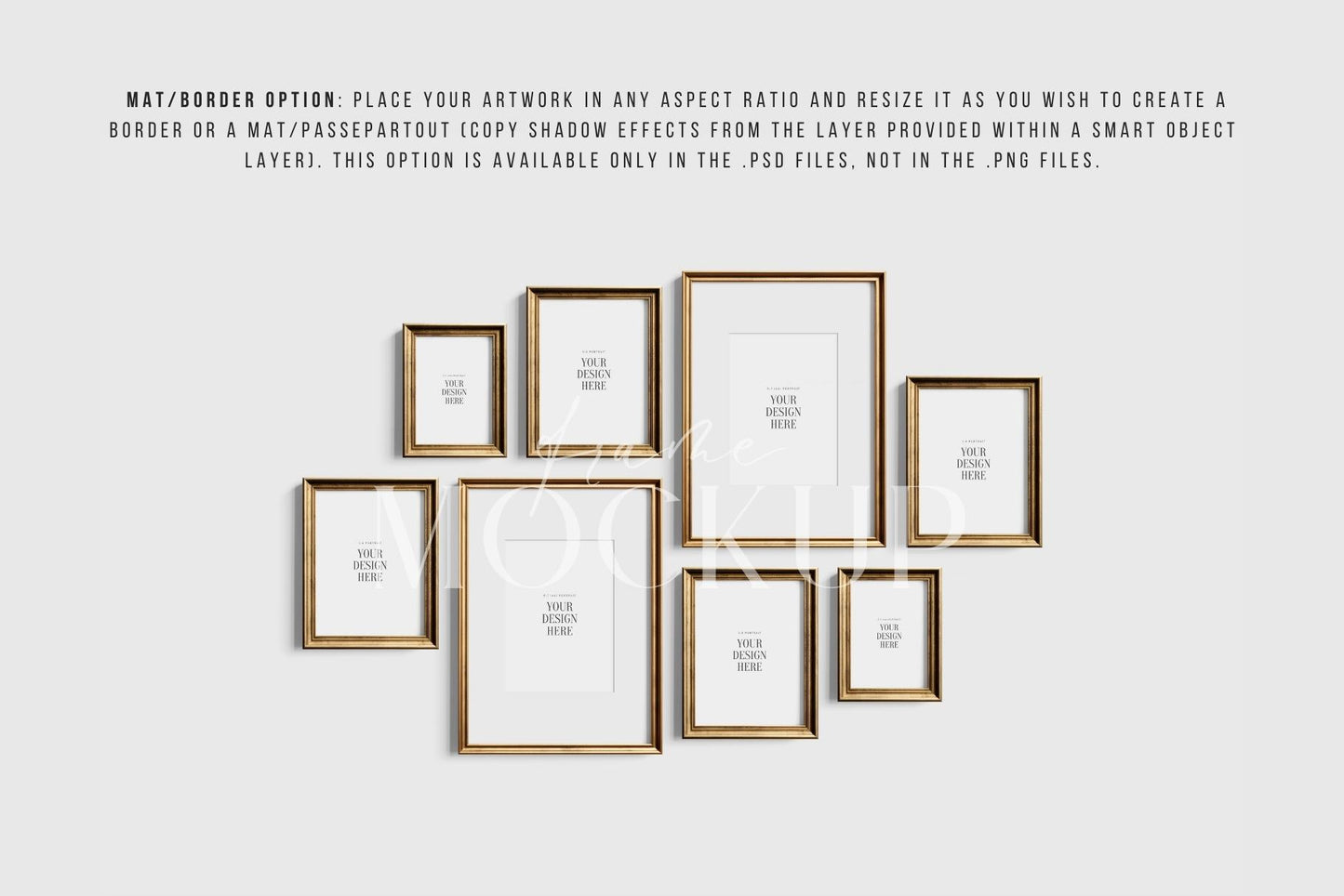 Gallery Wall Mockup | Metallic Frame Mockup Set of 8 Vertical Frames 5:7, 3:4 | Vintage Gold Frame Mockup Set | PSD Template + Transparent PNG Files