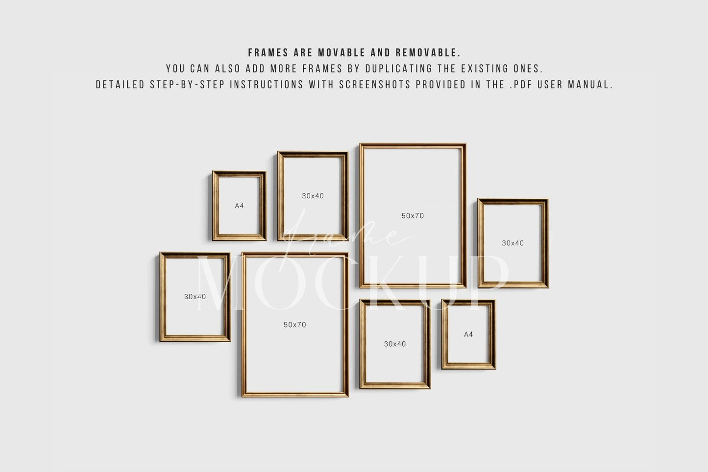 Gallery Wall Mockup | Metallic Frame Mockup Set of 8 Vertical Frames 5:7, 3:4 | Vintage Gold Frame Mockup Set | PSD Template + Transparent PNG Files