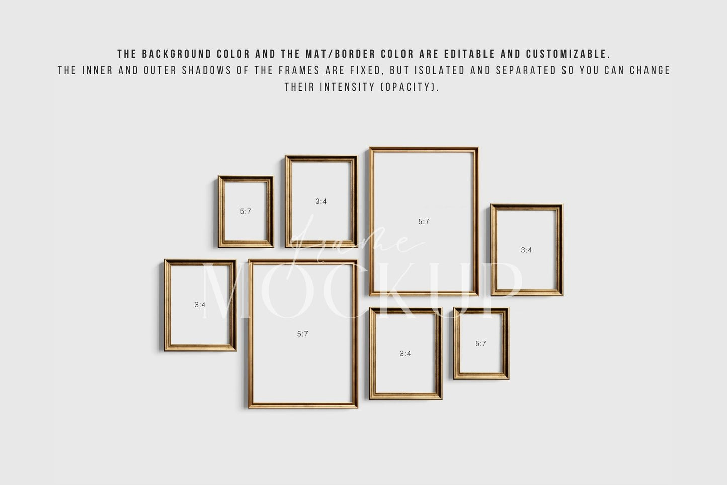 Gallery Wall Mockup | Metallic Frame Mockup Set of 8 Vertical Frames 5:7, 3:4 | Vintage Gold Frame Mockup Set | PSD Template + Transparent PNG Files