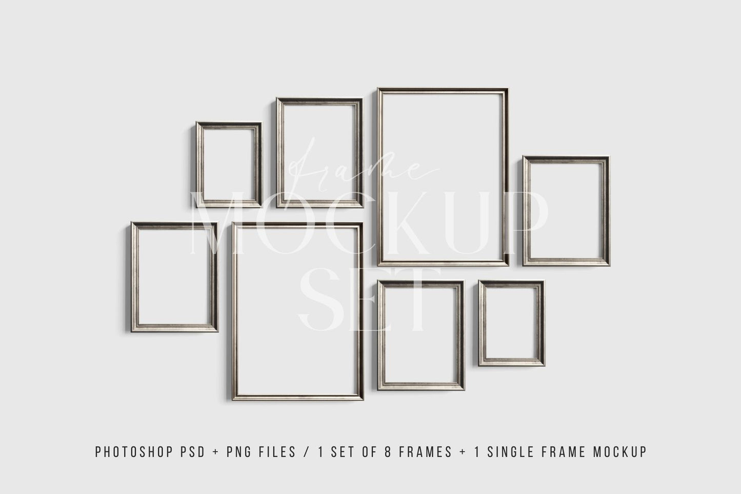 Gallery Wall Mockup | Metallic Frame Mockup Set of 8 Vertical Frames 5:7, 3:4 | Vintage Silver Frame Mockup Set | PSD Template + Transparent PNG Files