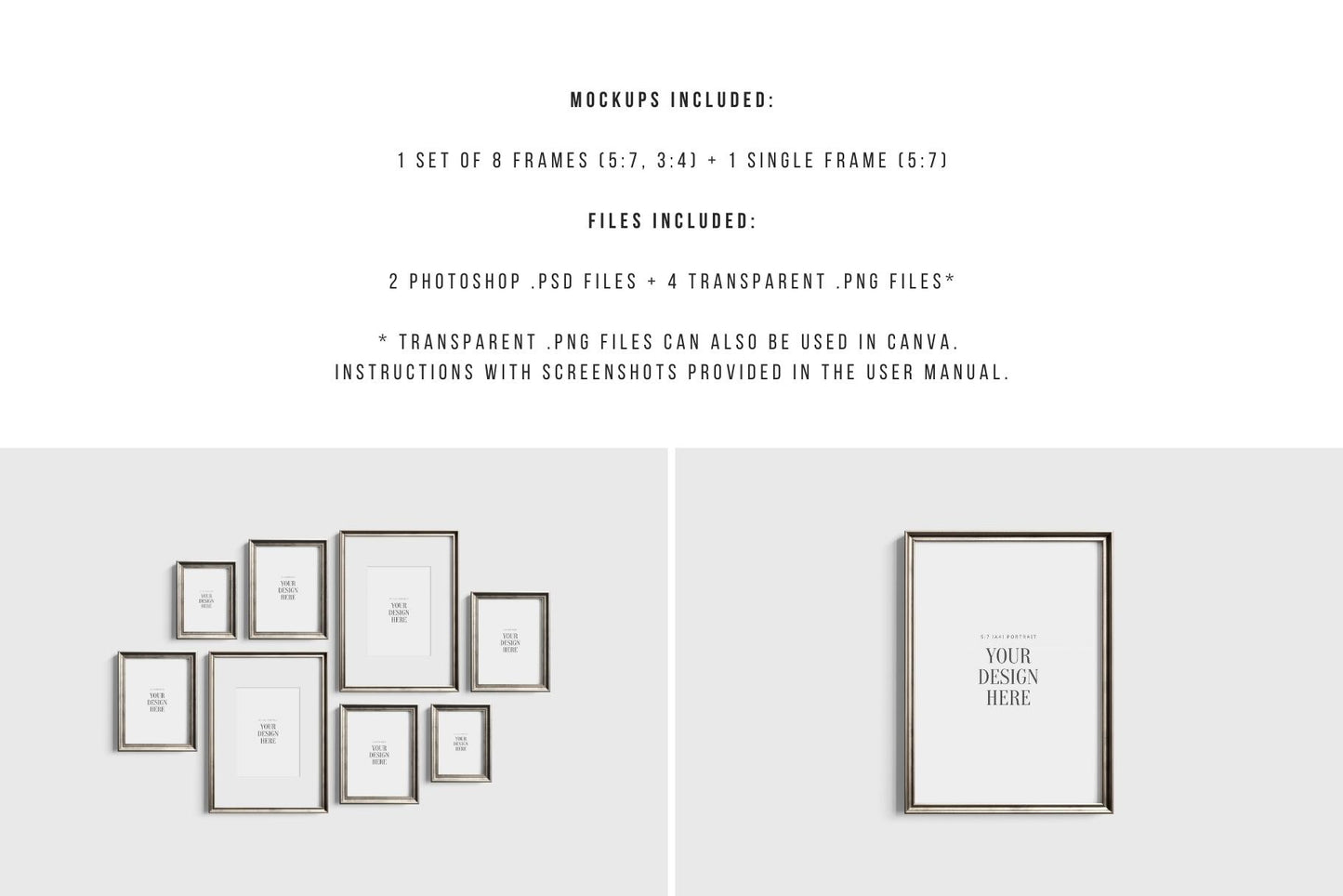 Gallery Wall Mockup | Metallic Frame Mockup Set of 8 Vertical Frames 5:7, 3:4 | Vintage Silver Frame Mockup Set | PSD Template + Transparent PNG Files