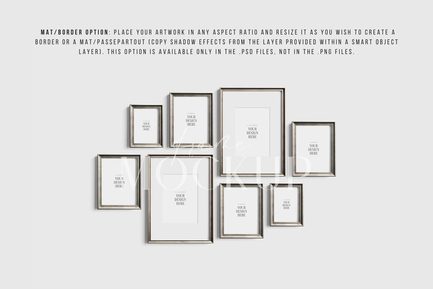 Gallery Wall Mockup | Metallic Frame Mockup Set of 8 Vertical Frames 5:7, 3:4 | Vintage Silver Frame Mockup Set | PSD Template + Transparent PNG Files