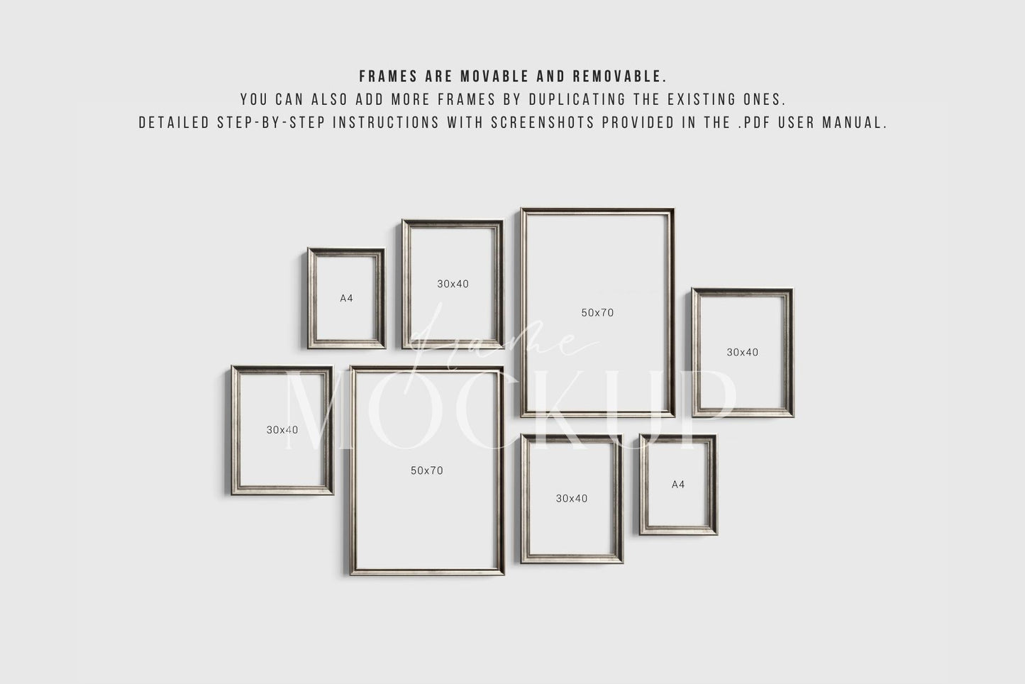 Gallery Wall Mockup | Metallic Frame Mockup Set of 8 Vertical Frames 5:7, 3:4 | Vintage Silver Frame Mockup Set | PSD Template + Transparent PNG Files