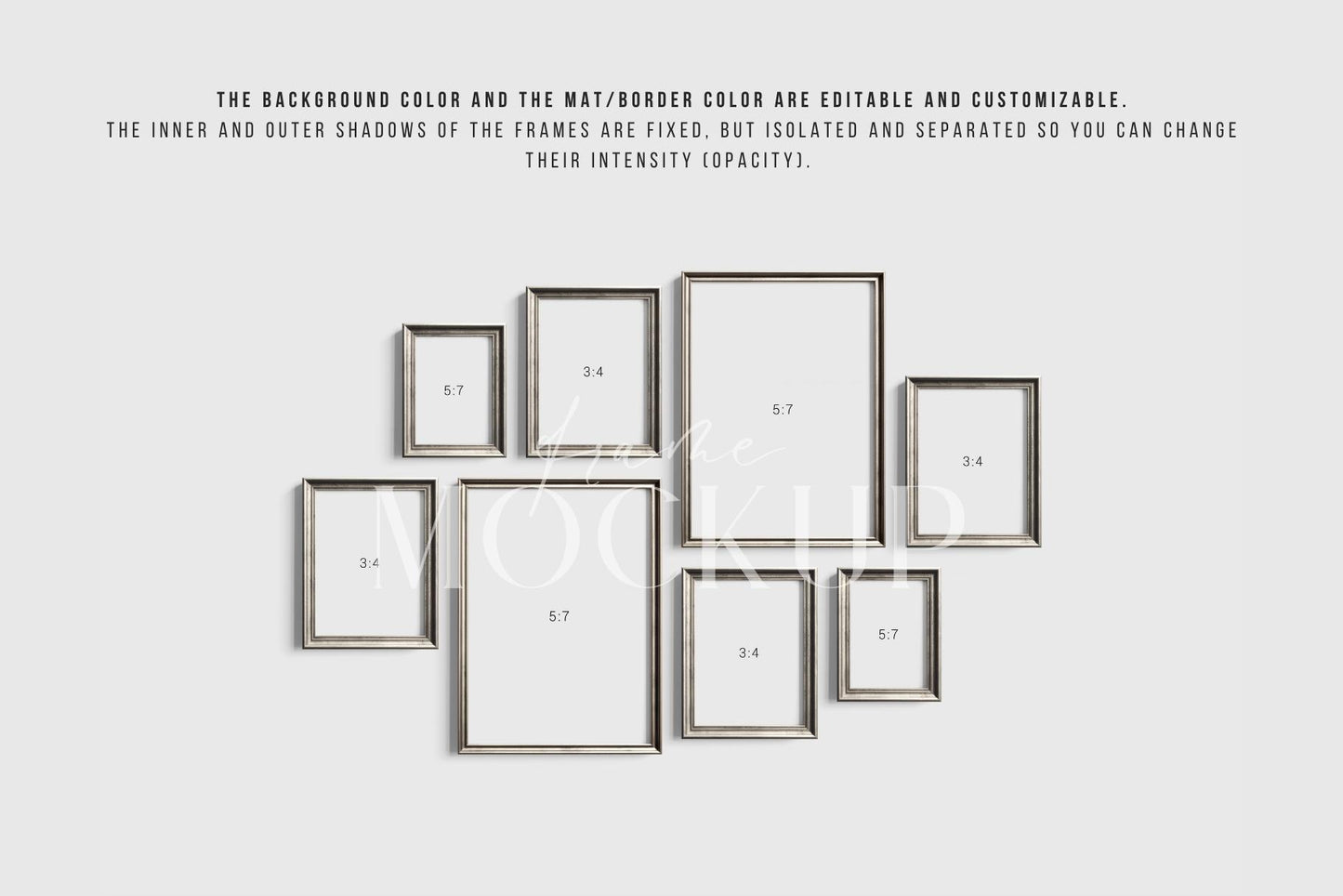 Gallery Wall Mockup | Metallic Frame Mockup Set of 8 Vertical Frames 5:7, 3:4 | Vintage Silver Frame Mockup Set | PSD Template + Transparent PNG Files