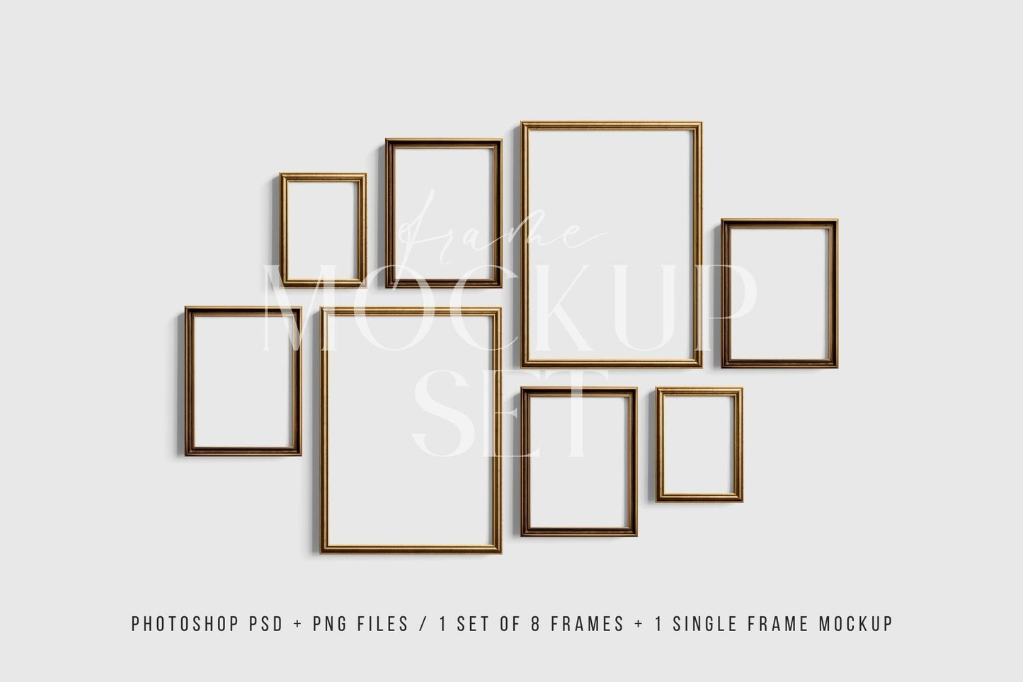 Gallery Wall Mockup | Metallic Frame Mockup Set of 8 Vertical Frames 5:7, 3:4 | Vintage Gold Frame Mockup Set | PSD Template + Transparent PNG Files