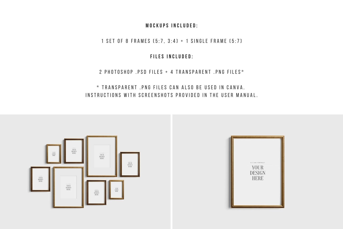 Gallery Wall Mockup | Metallic Frame Mockup Set of 8 Vertical Frames 5:7, 3:4 | Vintage Gold Frame Mockup Set | PSD Template + Transparent PNG Files