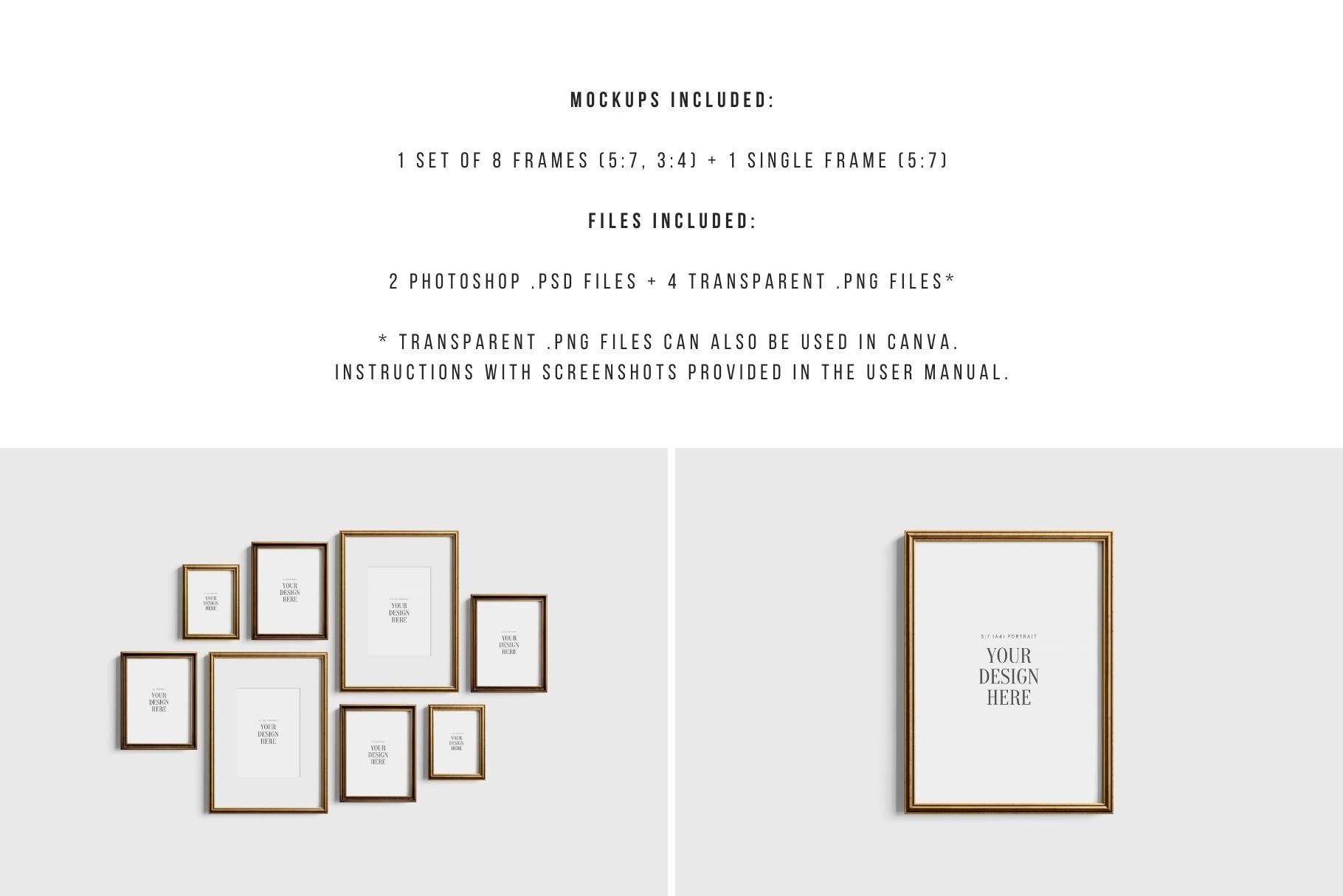 Gallery Wall Mockup | Metallic Frame Mockup Set of 8 Vertical Frames 5:7, 3:4 | Vintage Gold Frame Mockup Set | PSD Template + Transparent PNG Files