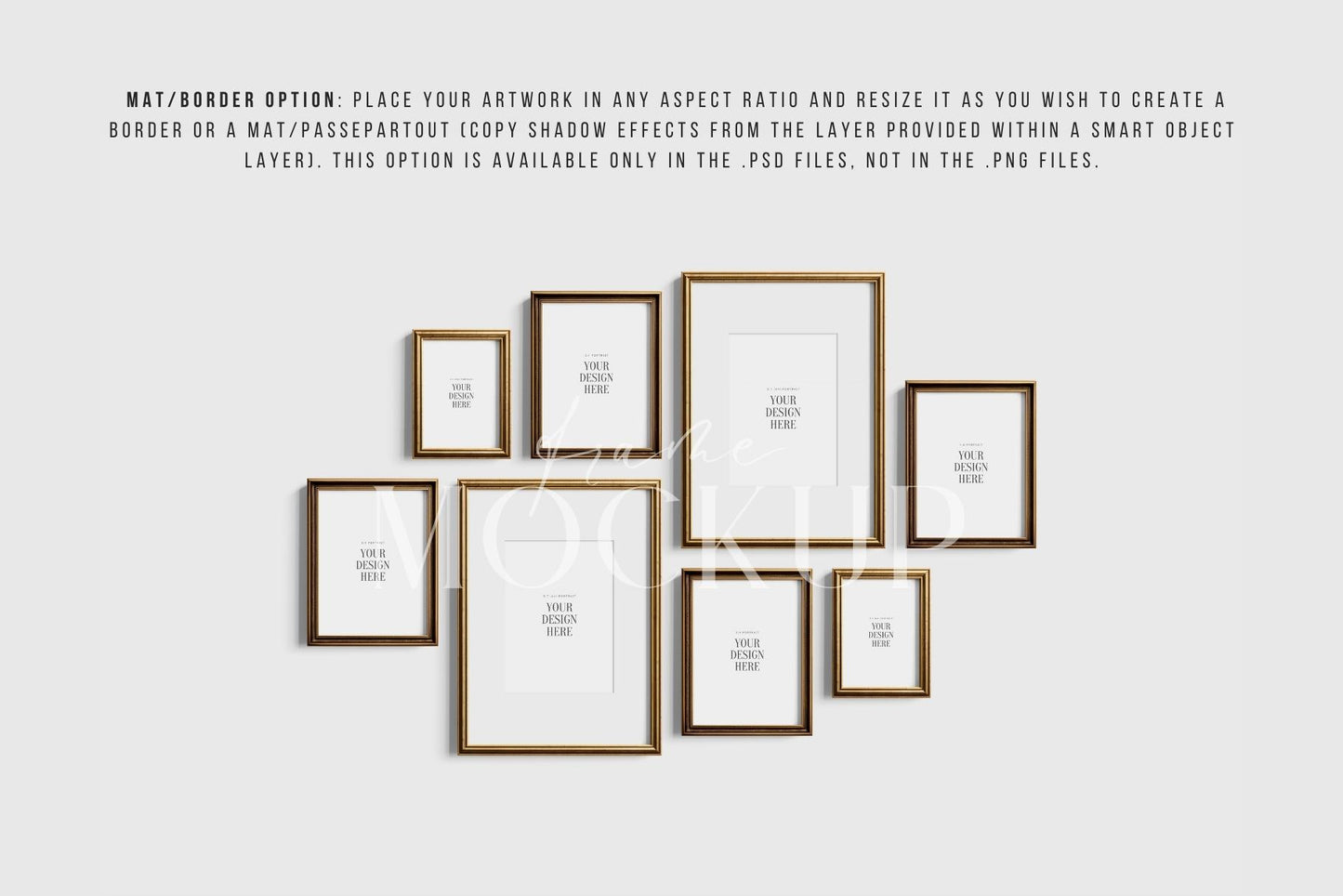 Gallery Wall Mockup | Metallic Frame Mockup Set of 8 Vertical Frames 5:7, 3:4 | Vintage Gold Frame Mockup Set | PSD Template + Transparent PNG Files