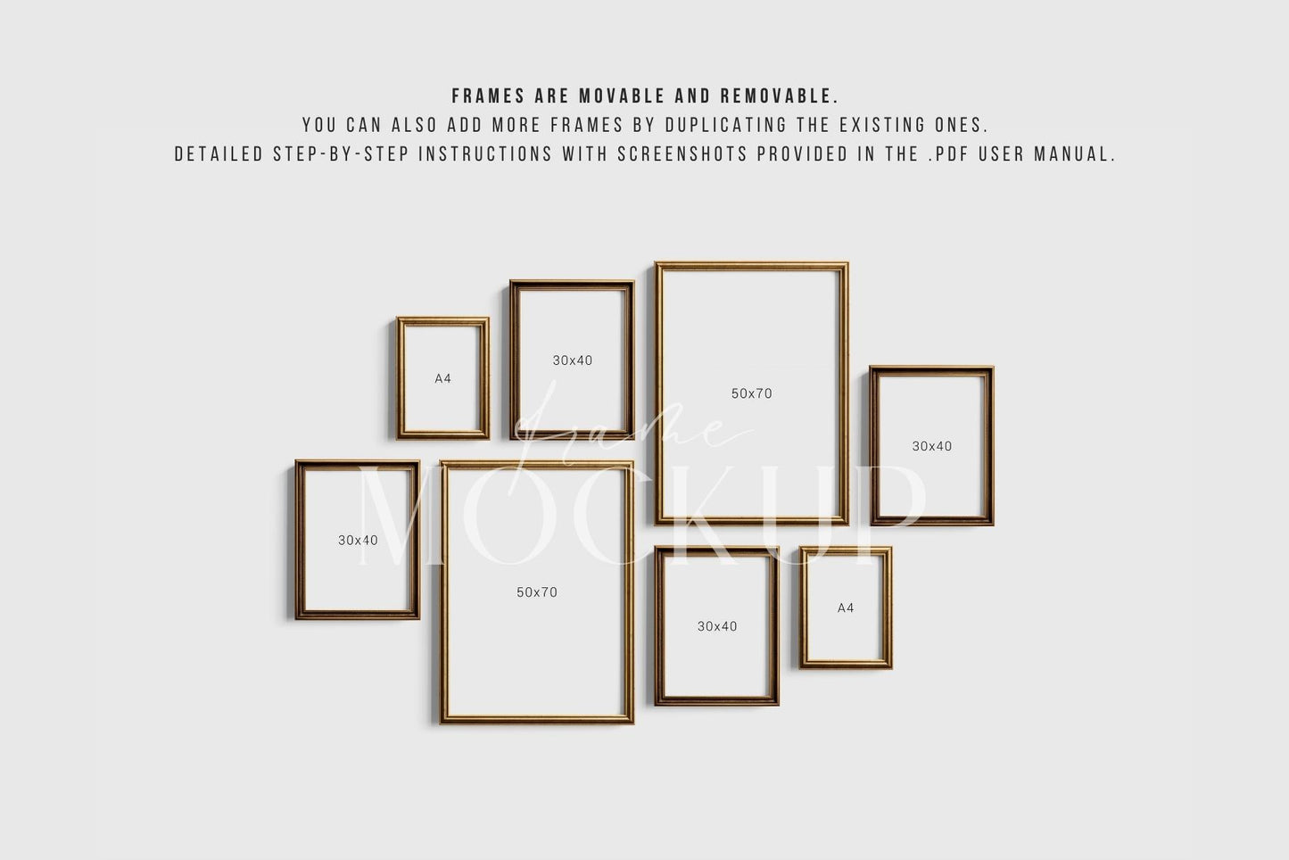 Gallery Wall Mockup | Metallic Frame Mockup Set of 8 Vertical Frames 5:7, 3:4 | Vintage Gold Frame Mockup Set | PSD Template + Transparent PNG Files