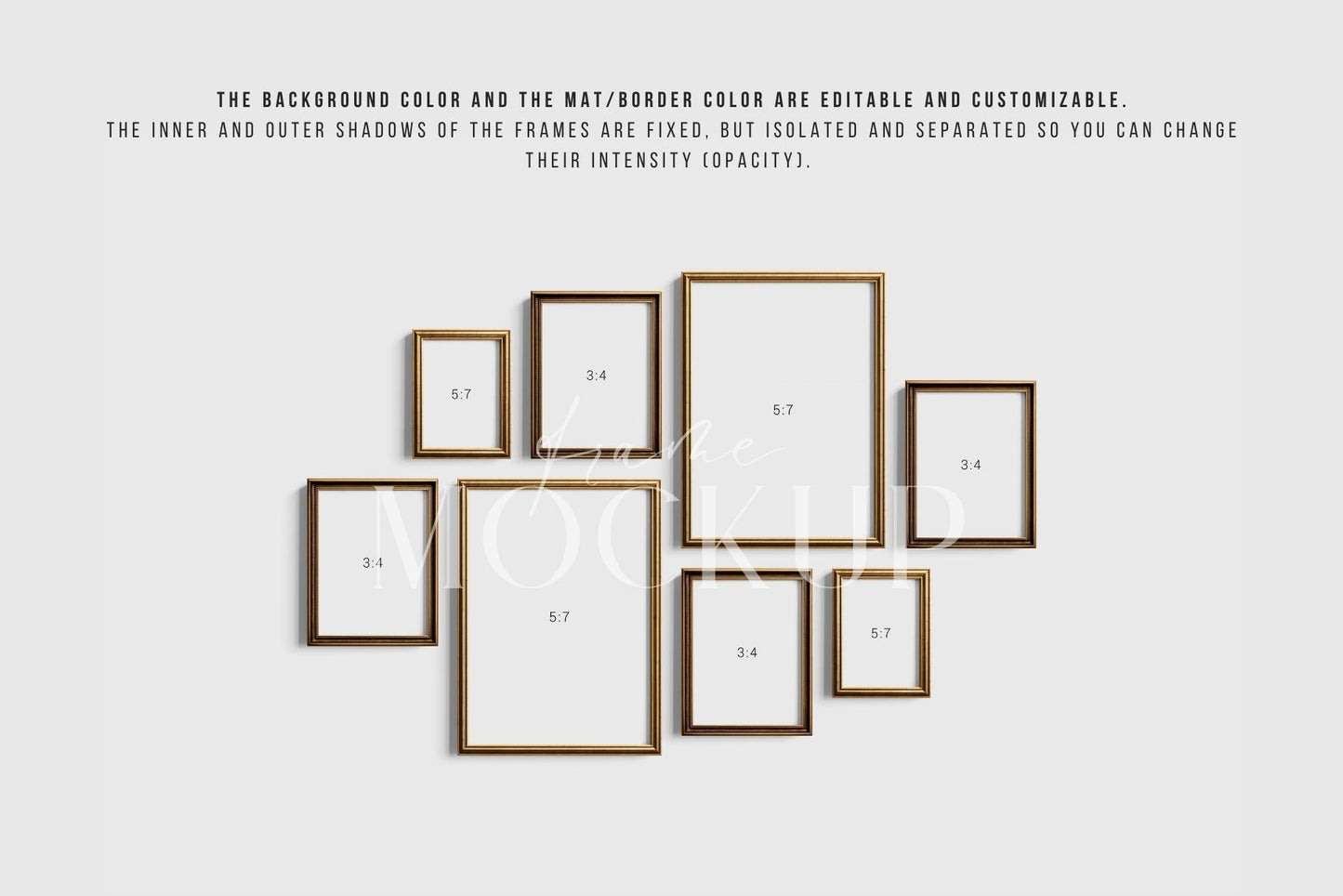 Gallery Wall Mockup | Metallic Frame Mockup Set of 8 Vertical Frames 5:7, 3:4 | Vintage Gold Frame Mockup Set | PSD Template + Transparent PNG Files