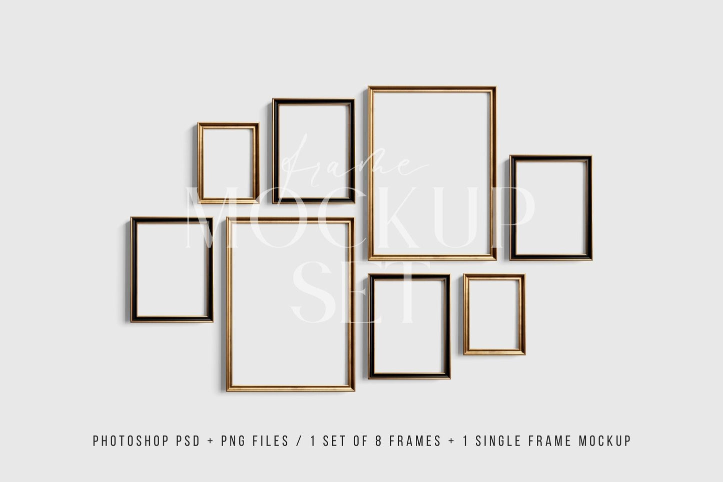 Gallery Wall Mockup | Metallic Frame Mockup Set of 8 Vertical Frames 5:7, 3:4 | Elegant Black and Gold Frame Mockup Set | PSD Template + Transparent PNG Files