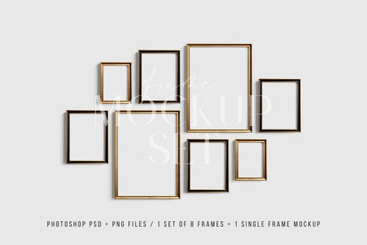 Gallery Wall Mockup | Metallic Frame Mockup Set of 8 Vertical Frames 5:7, 3:4 | Elegant Black and Gold Frame Mockup Set | PSD Template + Transparent PNG Files