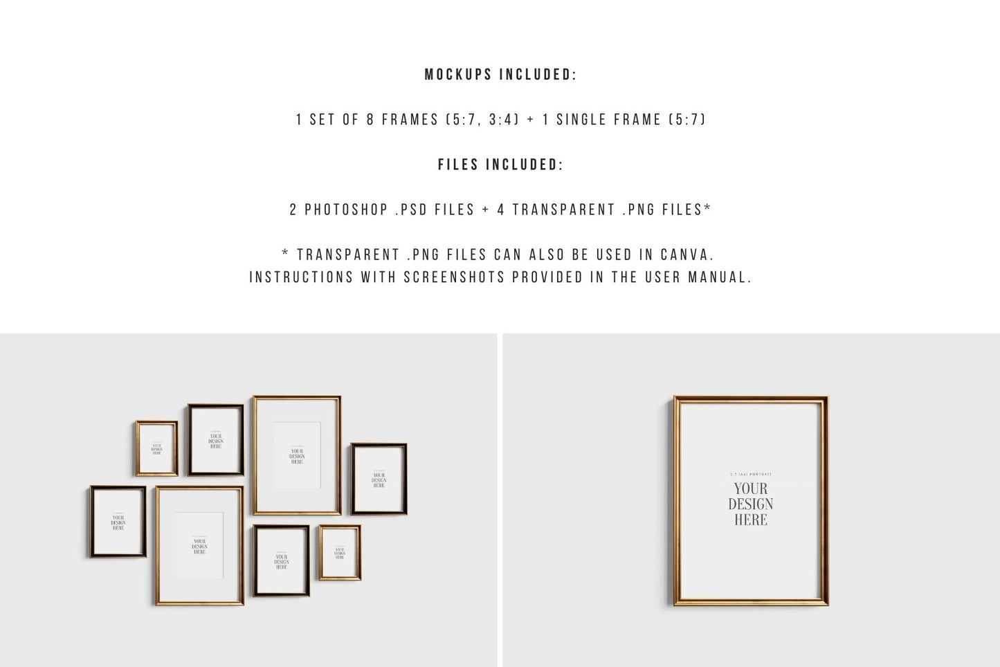 Gallery Wall Mockup | Metallic Frame Mockup Set of 8 Vertical Frames 5:7, 3:4 | Elegant Black and Gold Frame Mockup Set | PSD Template + Transparent PNG Files