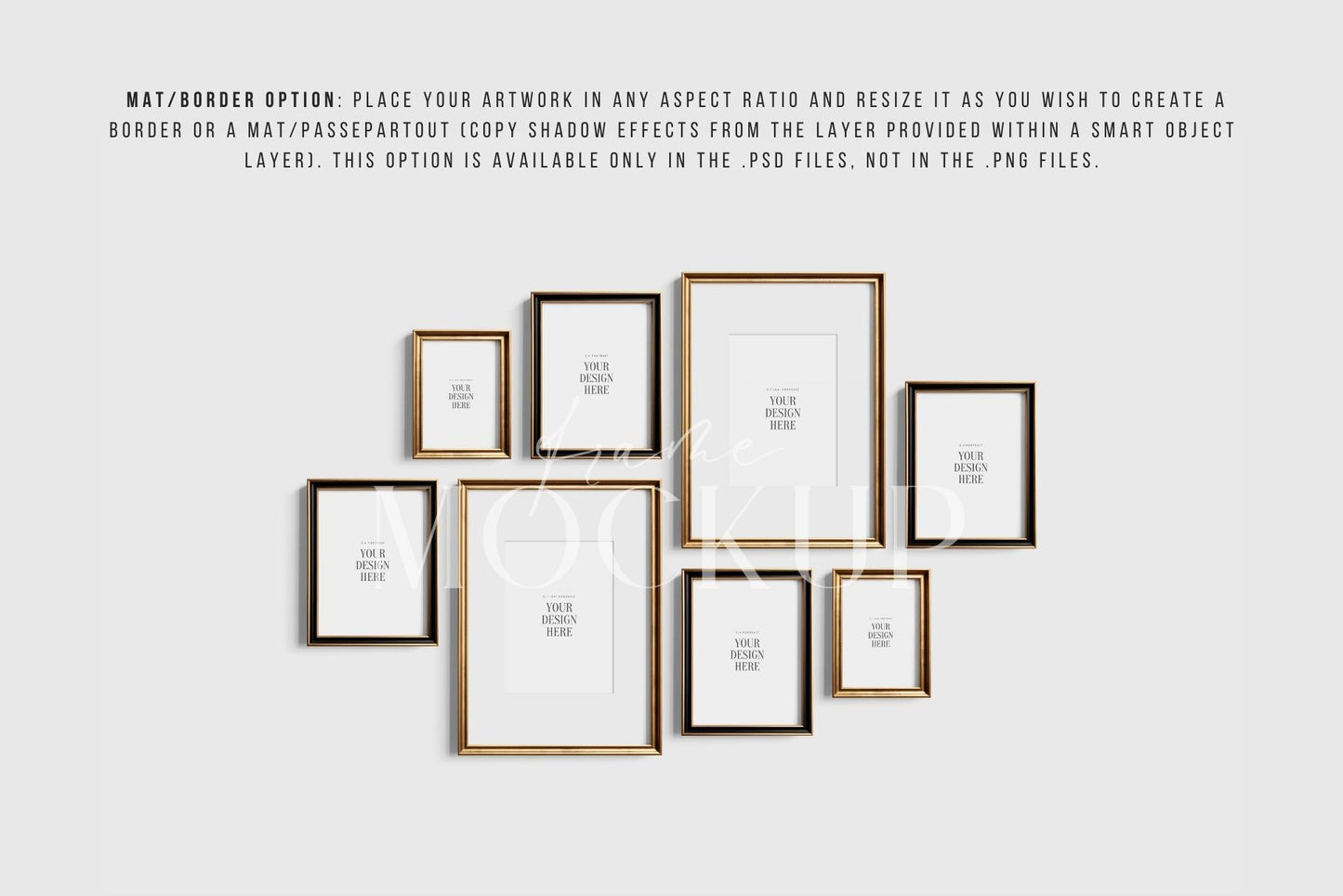 Gallery Wall Mockup | Metallic Frame Mockup Set of 8 Vertical Frames 5:7, 3:4 | Elegant Black and Gold Frame Mockup Set | PSD Template + Transparent PNG Files