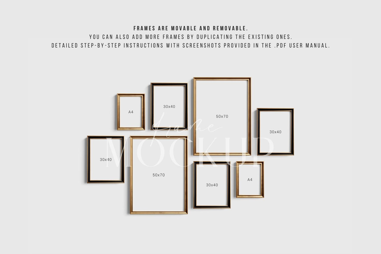 Gallery Wall Mockup | Metallic Frame Mockup Set of 8 Vertical Frames 5:7, 3:4 | Elegant Black and Gold Frame Mockup Set | PSD Template + Transparent PNG Files