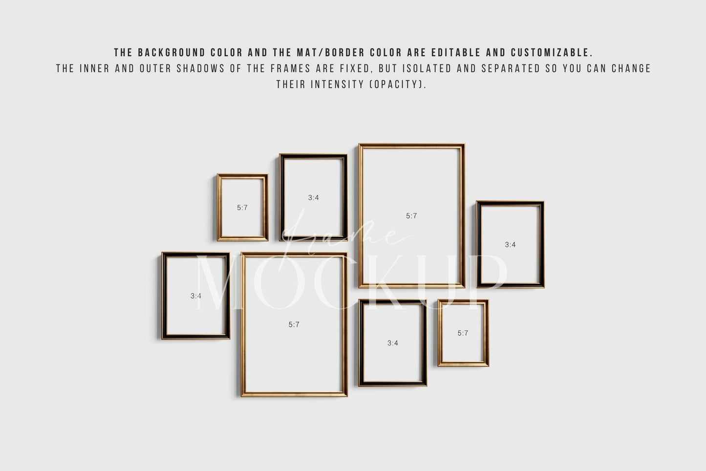 Gallery Wall Mockup | Metallic Frame Mockup Set of 8 Vertical Frames 5:7, 3:4 | Elegant Black and Gold Frame Mockup Set | PSD Template + Transparent PNG Files