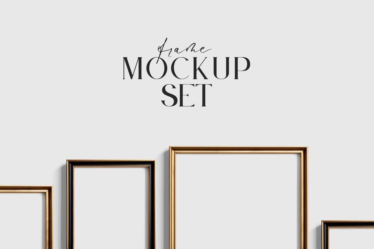 Gallery Wall Mockup | Metallic Frame Mockup Set of 8 Vertical Frames 5:7, 3:4 | Elegant Black and Gold Frame Mockup Set | PSD Template + Transparent PNG Files