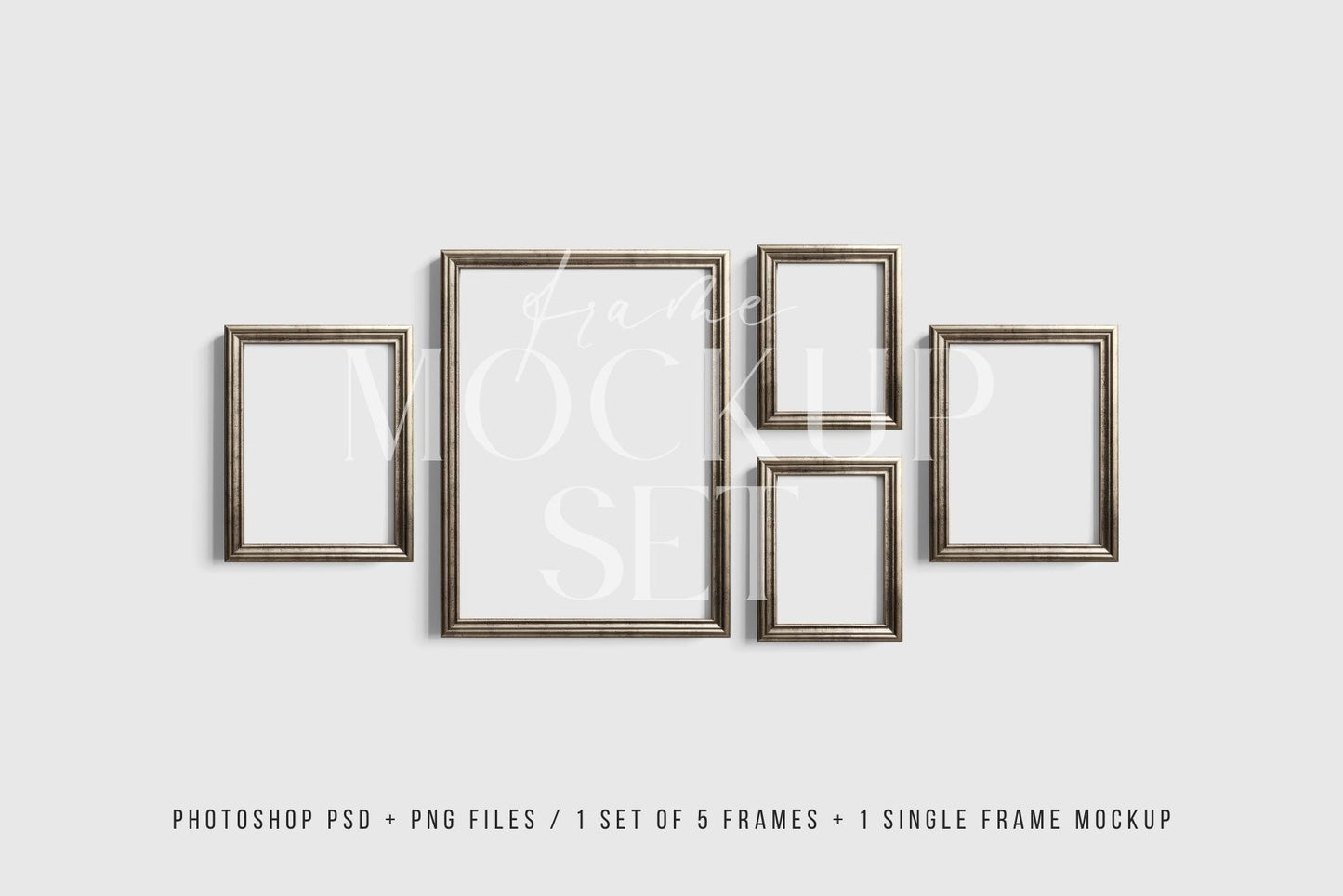 Gallery Wall Mockup | Metallic Frame Mockup Set of 5 Vertical Frames 5:7, 3:4 | Vintage Silver Frame Mockup Set | PSD Template + Transparent PNG Files