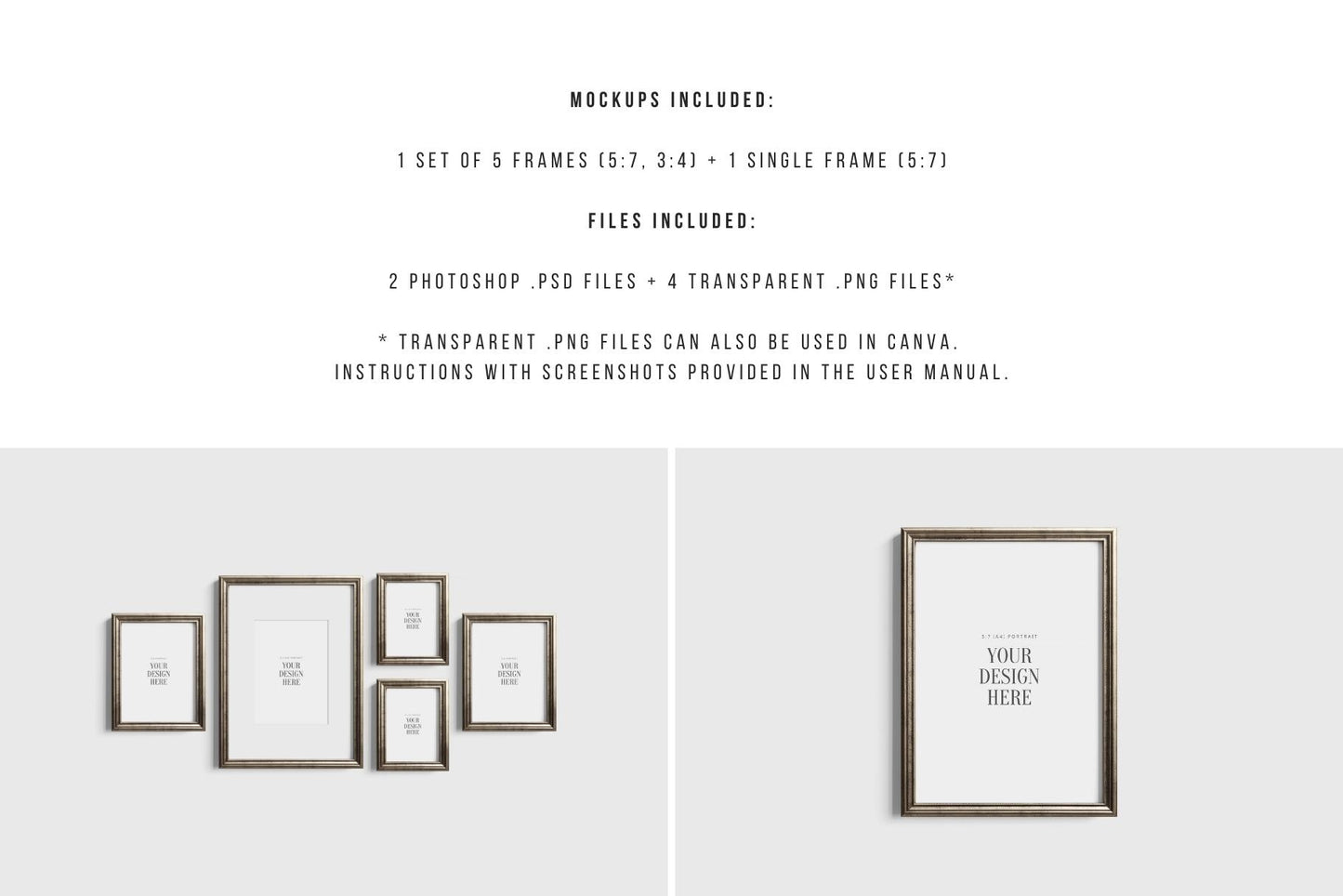 Gallery Wall Mockup | Metallic Frame Mockup Set of 5 Vertical Frames 5:7, 3:4 | Vintage Silver Frame Mockup Set | PSD Template + Transparent PNG Files