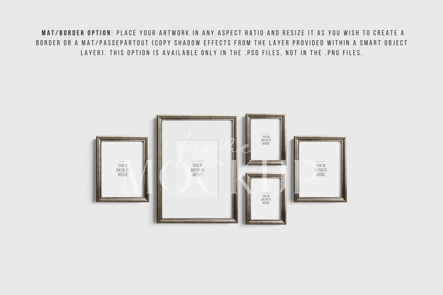 Gallery Wall Mockup | Metallic Frame Mockup Set of 5 Vertical Frames 5:7, 3:4 | Vintage Silver Frame Mockup Set | PSD Template + Transparent PNG Files