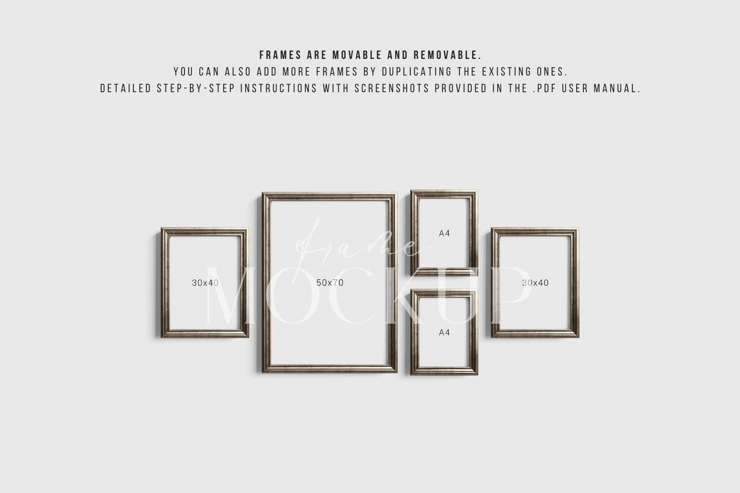 Gallery Wall Mockup | Metallic Frame Mockup Set of 5 Vertical Frames 5:7, 3:4 | Vintage Silver Frame Mockup Set | PSD Template + Transparent PNG Files