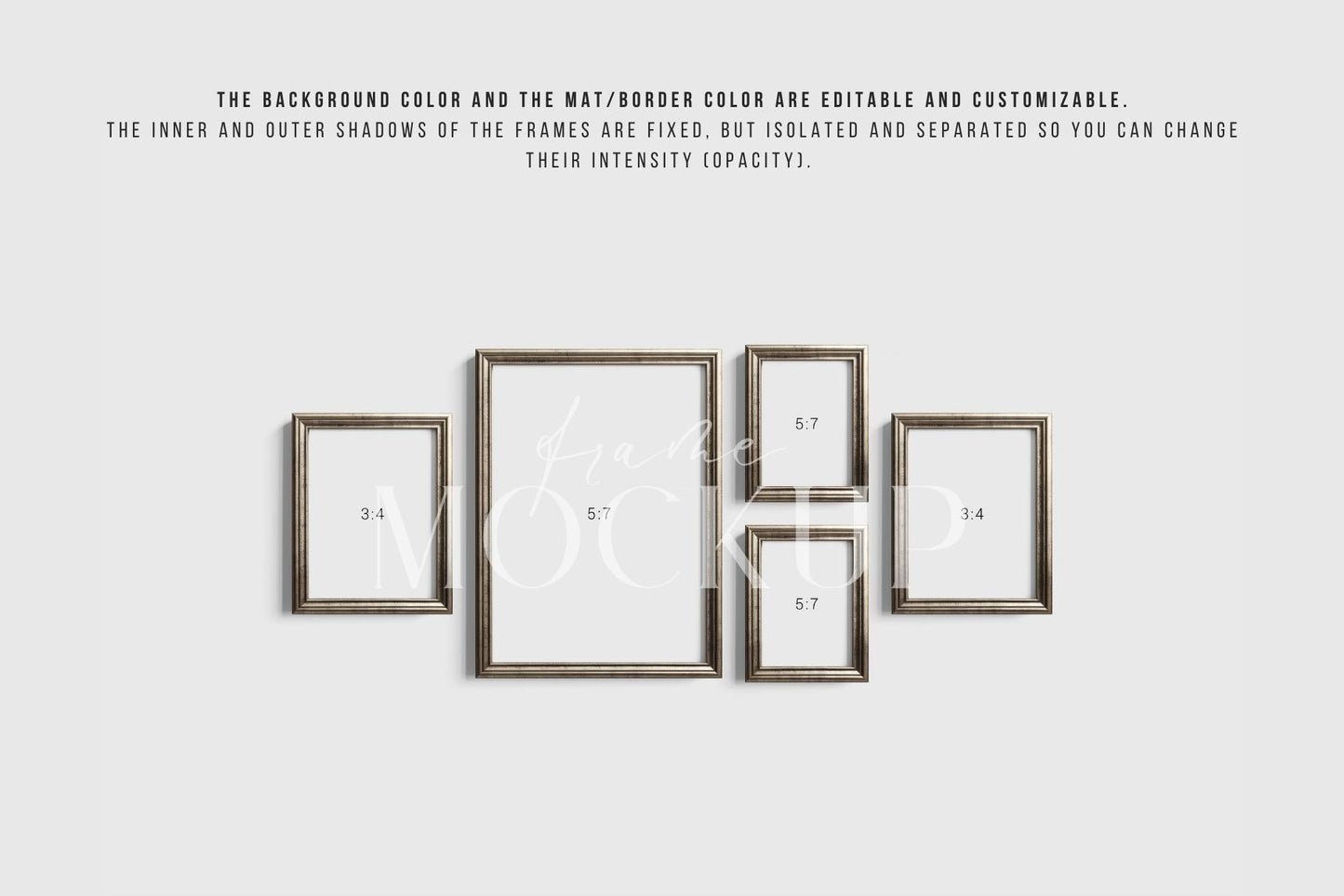 Gallery Wall Mockup | Metallic Frame Mockup Set of 5 Vertical Frames 5:7, 3:4 | Vintage Silver Frame Mockup Set | PSD Template + Transparent PNG Files