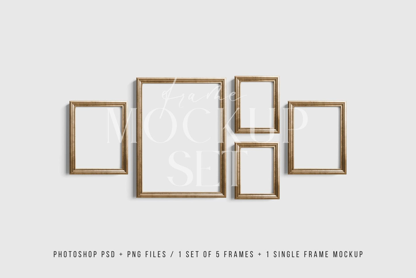 Gallery Wall Mockup | Metallic Frame Mockup Set of 5 Vertical Frames 5:7, 3:4 | Vintage Gold Frame Mockup Set | PSD Template + Transparent PNG Files