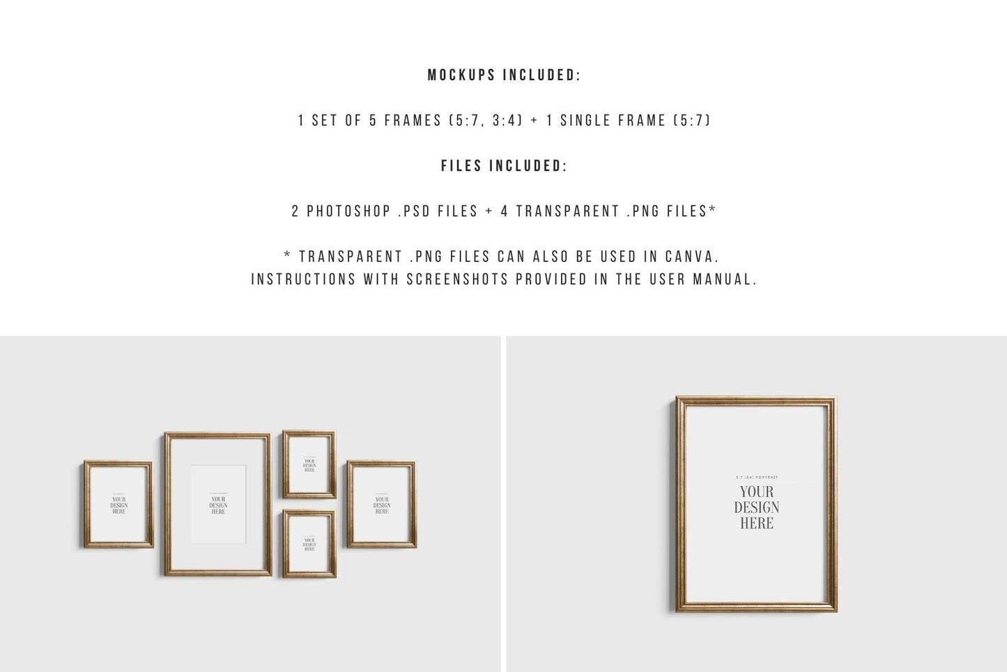 Gallery Wall Mockup | Metallic Frame Mockup Set of 5 Vertical Frames 5:7, 3:4 | Vintage Gold Frame Mockup Set | PSD Template + Transparent PNG Files