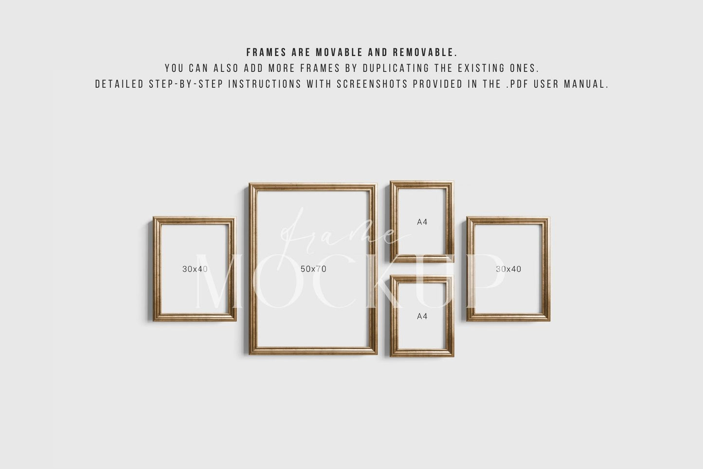 Gallery Wall Mockup | Metallic Frame Mockup Set of 5 Vertical Frames 5:7, 3:4 | Vintage Gold Frame Mockup Set | PSD Template + Transparent PNG Files
