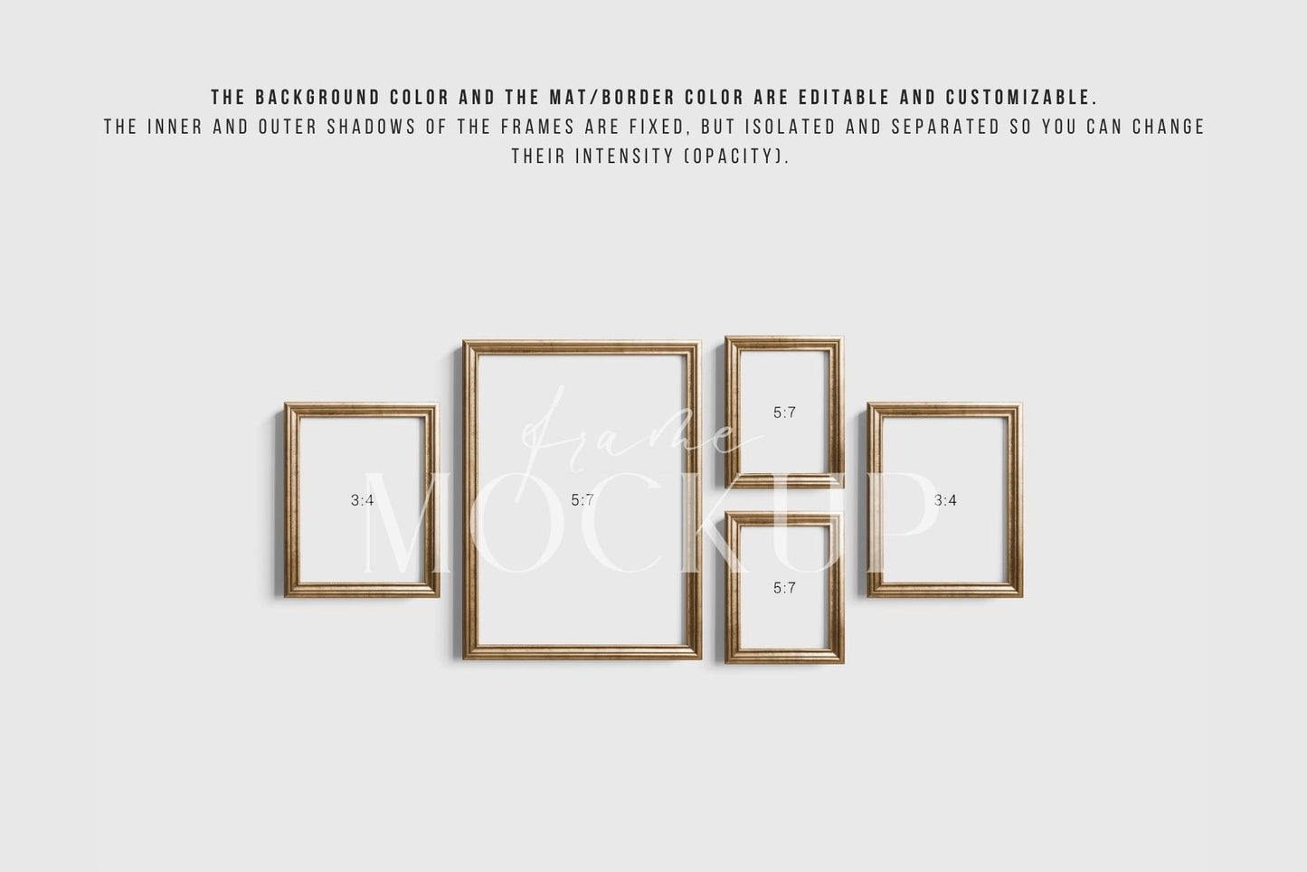 Gallery Wall Mockup | Metallic Frame Mockup Set of 5 Vertical Frames 5:7, 3:4 | Vintage Gold Frame Mockup Set | PSD Template + Transparent PNG Files