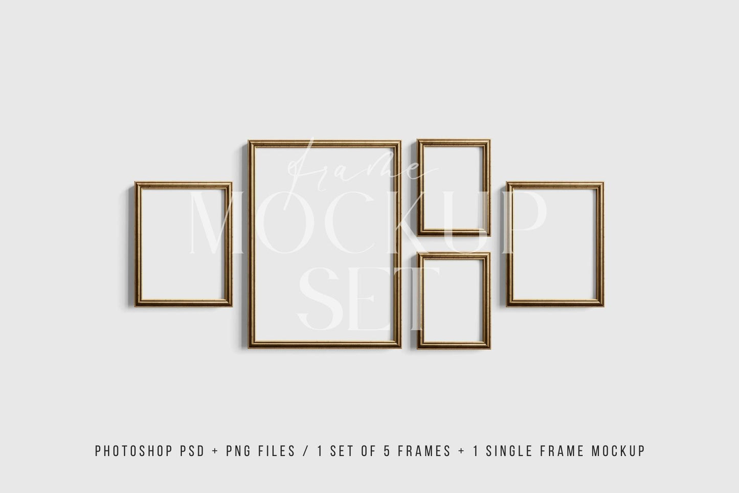 Gallery Wall Mockup | Metallic Frame Mockup Set of 5 Vertical Frames 5:7, 3:4 | Vintage Gold Frame Mockup Set | PSD Template + Transparent PNG Files