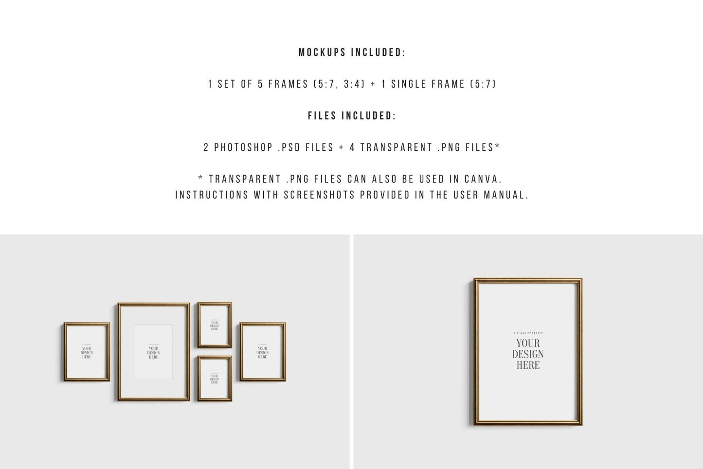 Gallery Wall Mockup | Metallic Frame Mockup Set of 5 Vertical Frames 5:7, 3:4 | Vintage Gold Frame Mockup Set | PSD Template + Transparent PNG Files