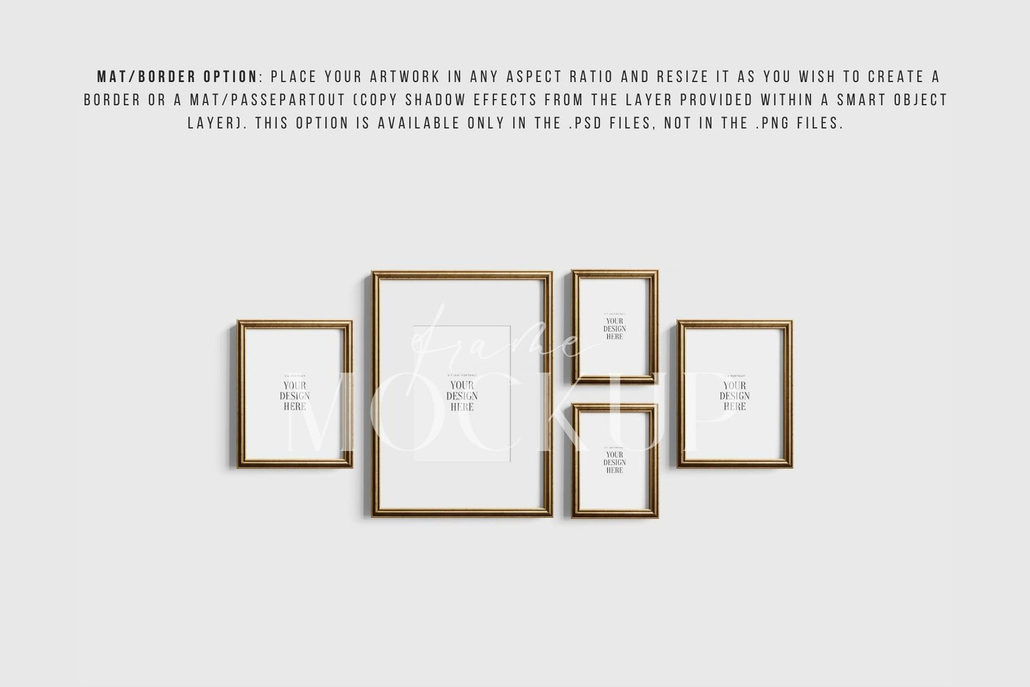 Gallery Wall Mockup | Metallic Frame Mockup Set of 5 Vertical Frames 5:7, 3:4 | Vintage Gold Frame Mockup Set | PSD Template + Transparent PNG Files