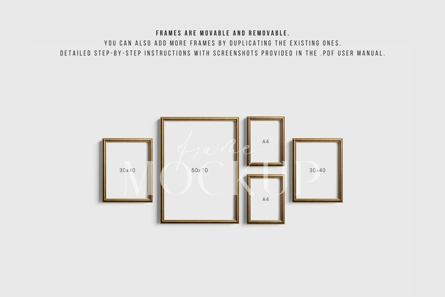 Gallery Wall Mockup | Metallic Frame Mockup Set of 5 Vertical Frames 5:7, 3:4 | Vintage Gold Frame Mockup Set | PSD Template + Transparent PNG Files