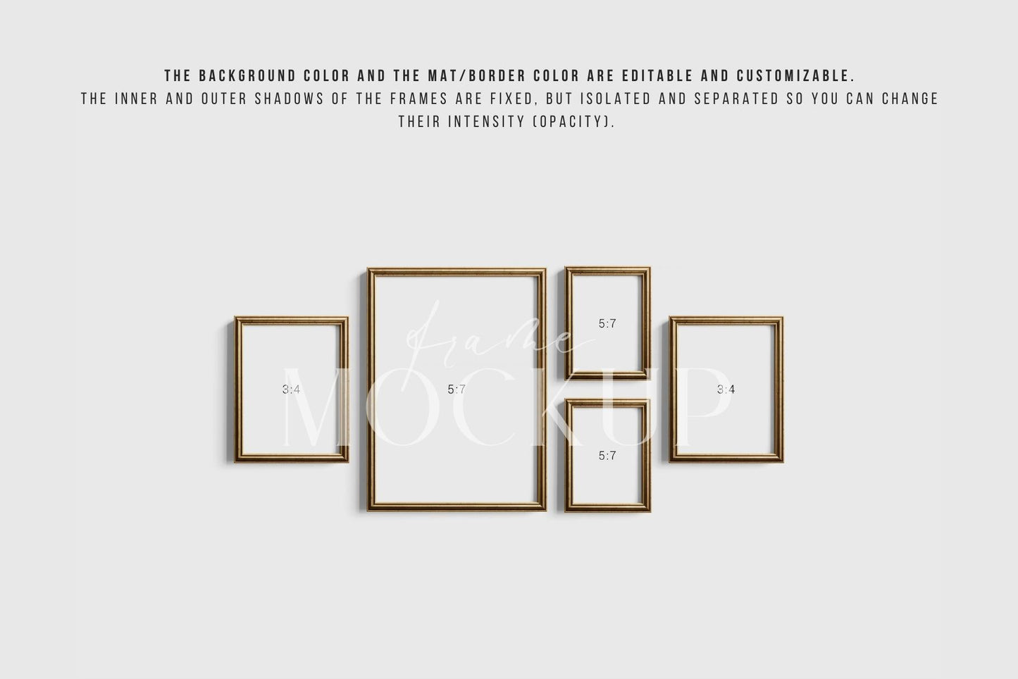 Gallery Wall Mockup | Metallic Frame Mockup Set of 5 Vertical Frames 5:7, 3:4 | Vintage Gold Frame Mockup Set | PSD Template + Transparent PNG Files