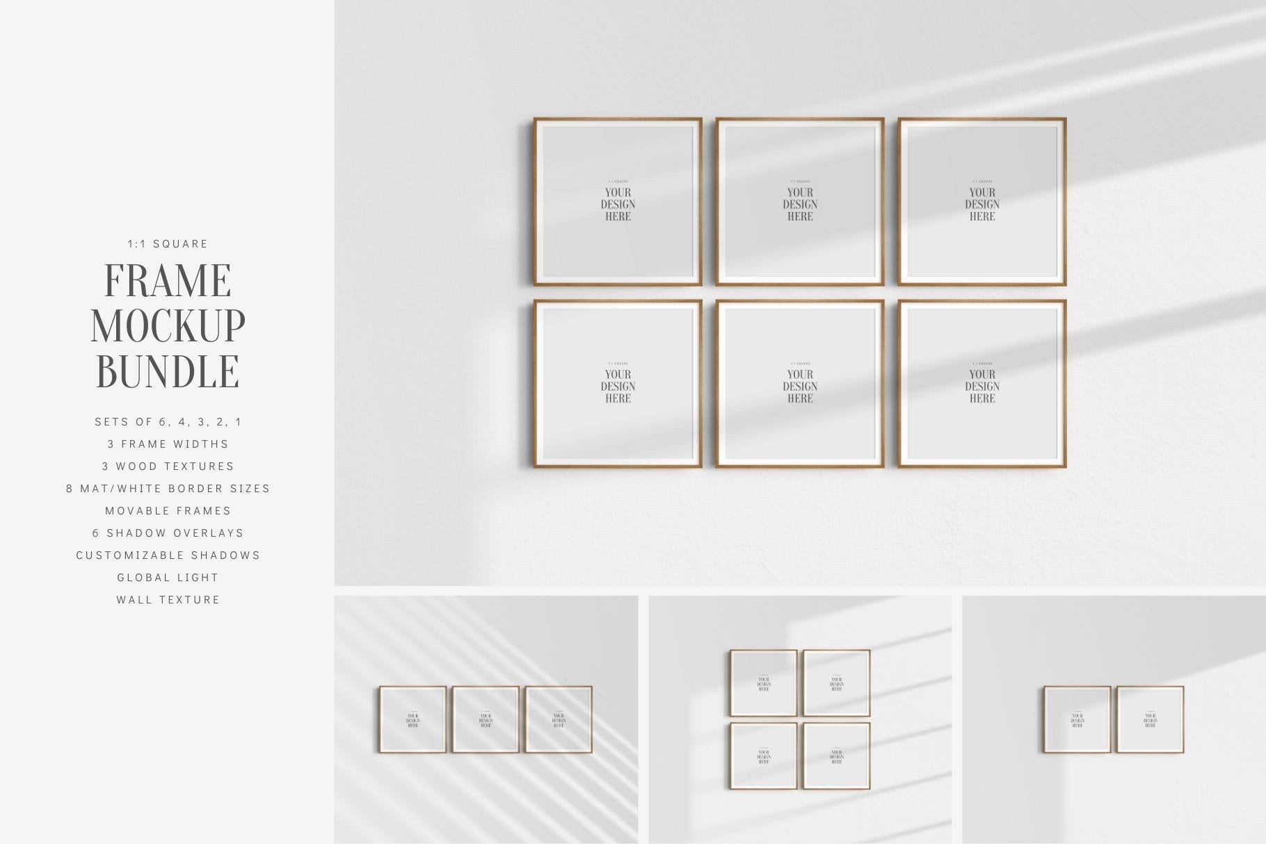 Frame Mockup BUNDLE 1:1 Square Frame Mockup Sets of 6, 4, 3, 2 + 1 Single Frames PSD Gallery Wall Mockups
