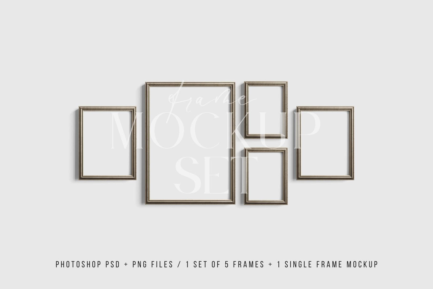 Gallery Wall Mockup | Metallic Frame Mockup Set of 5 Vertical Frames 5:7, 3:4 | Vintage Silver Frame Mockup Set | PSD Template + Transparent PNG Files