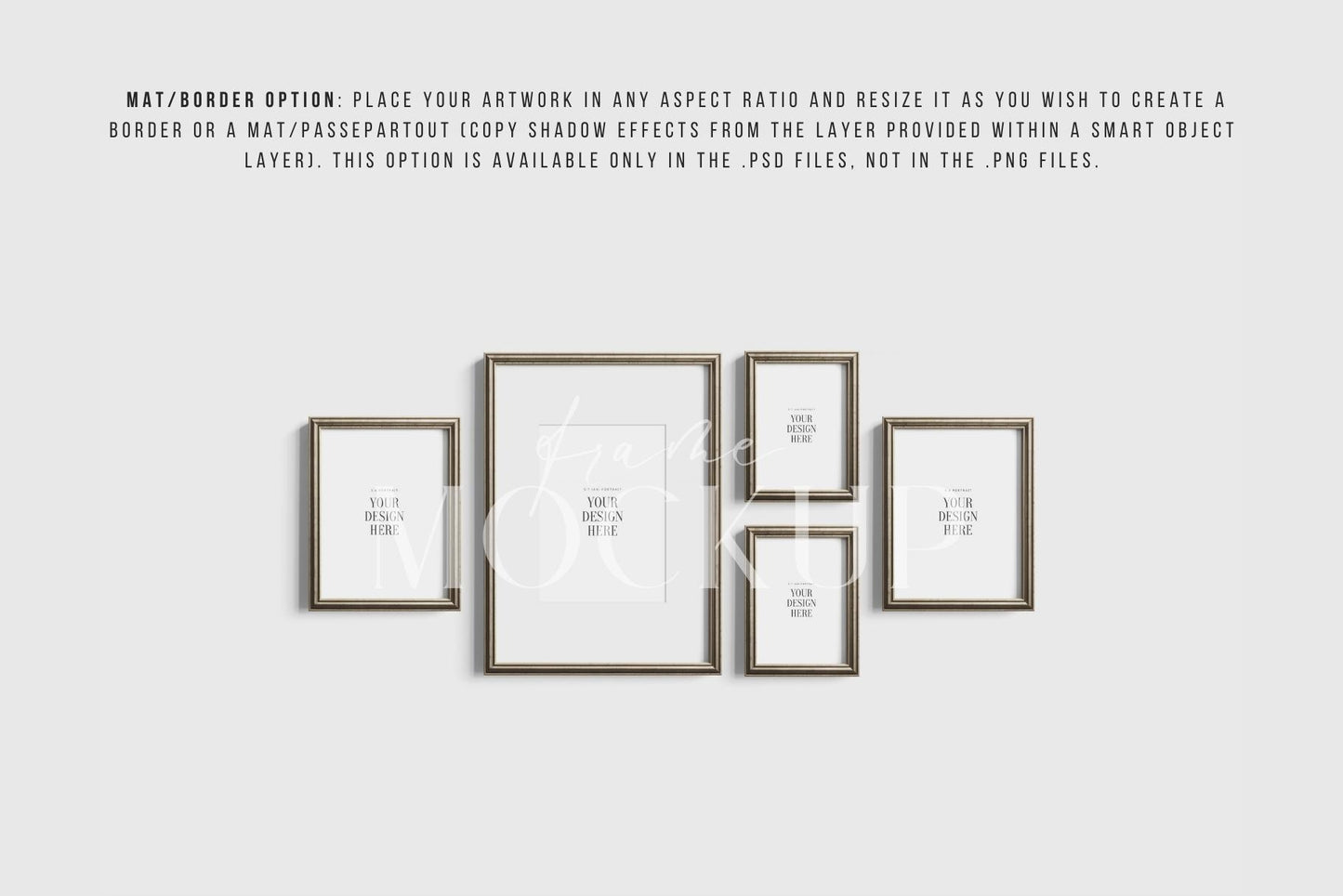 Gallery Wall Mockup | Metallic Frame Mockup Set of 5 Vertical Frames 5:7, 3:4 | Vintage Silver Frame Mockup Set | PSD Template + Transparent PNG Files