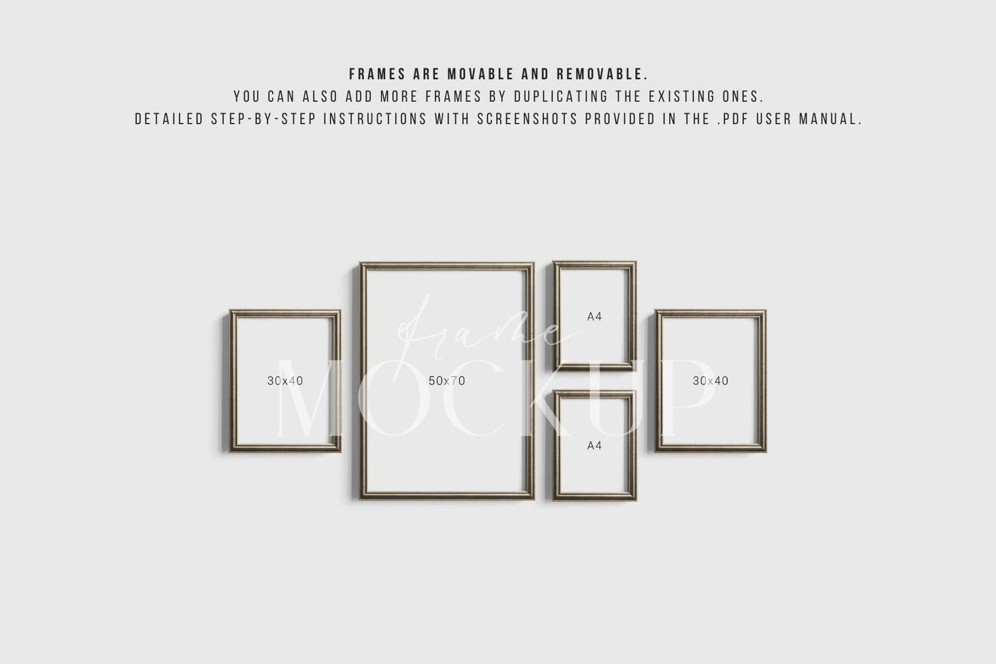 Gallery Wall Mockup | Metallic Frame Mockup Set of 5 Vertical Frames 5:7, 3:4 | Vintage Silver Frame Mockup Set | PSD Template + Transparent PNG Files